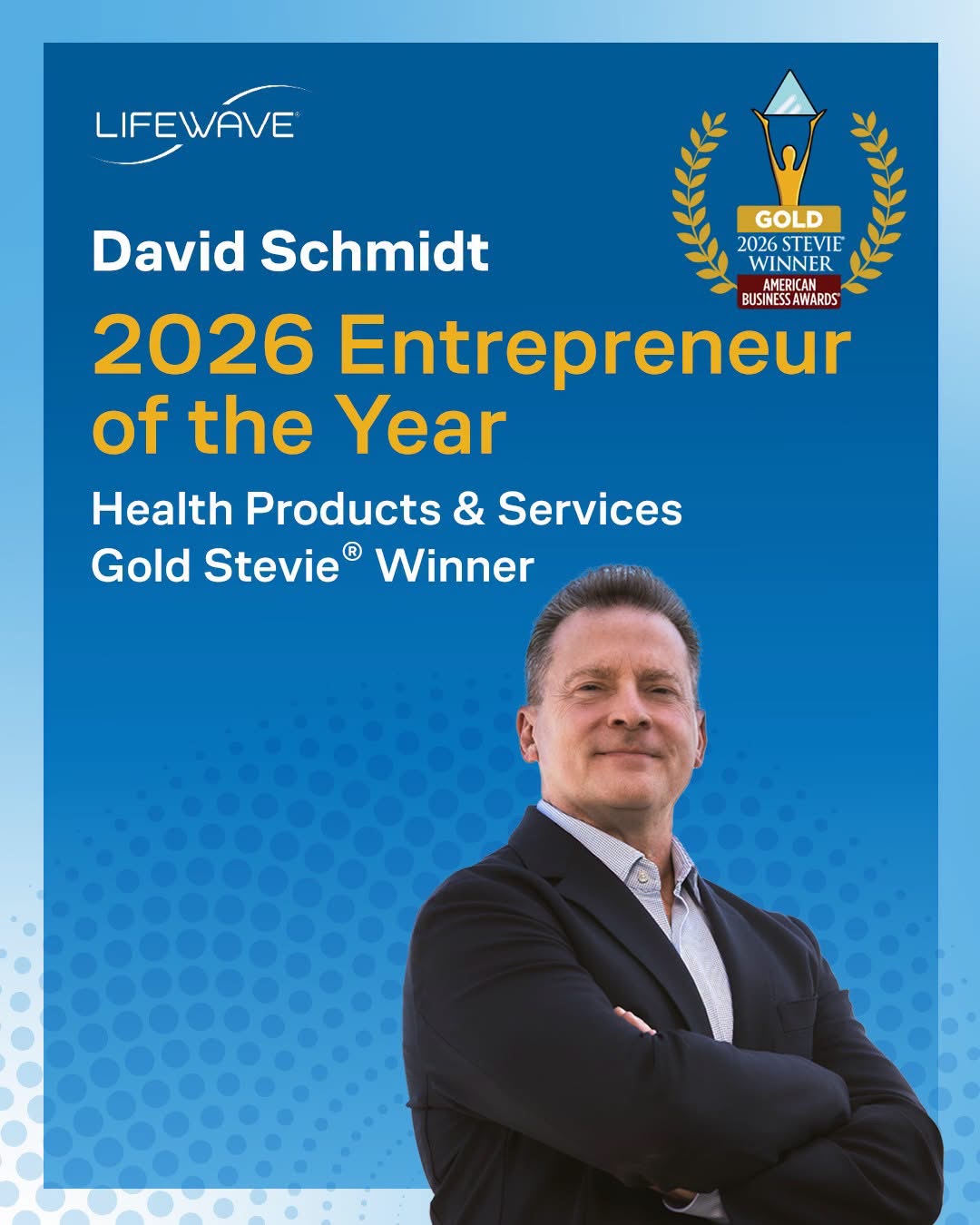 David Schmidt 2026 Entrepreneur of the Year Gold Stevie Winner artwork