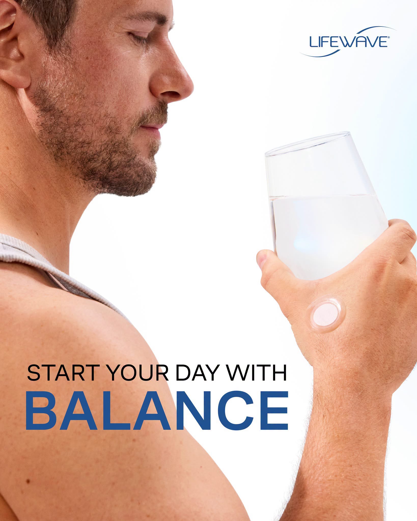 LifeWave cellular performance visual showing a man drinking water with a patch