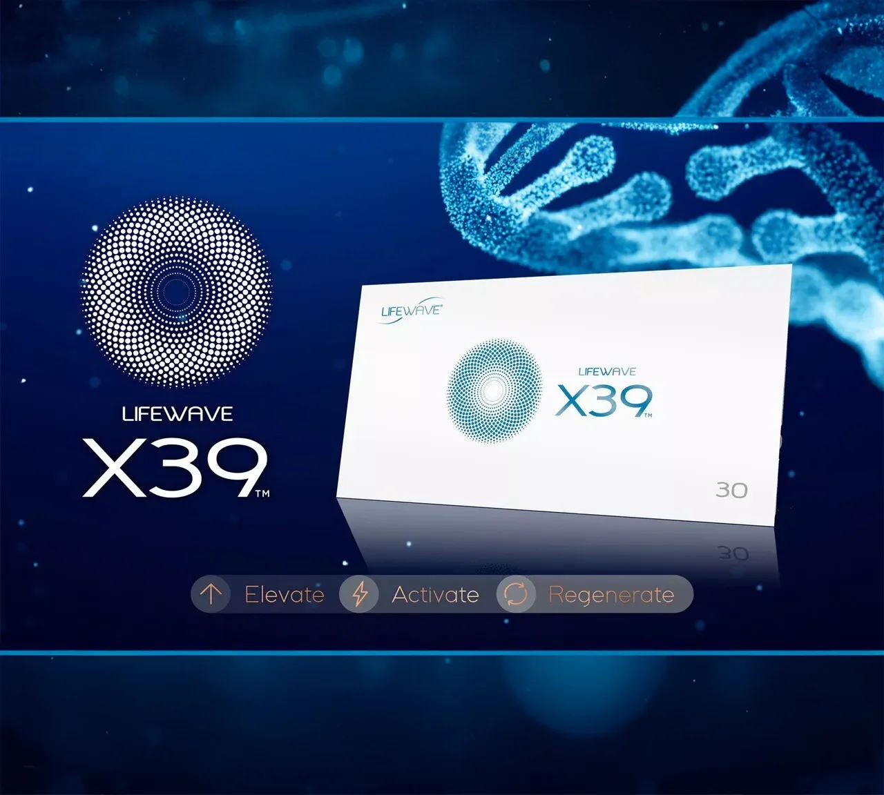 LifeWave X39 box with elevate activate regenerate message